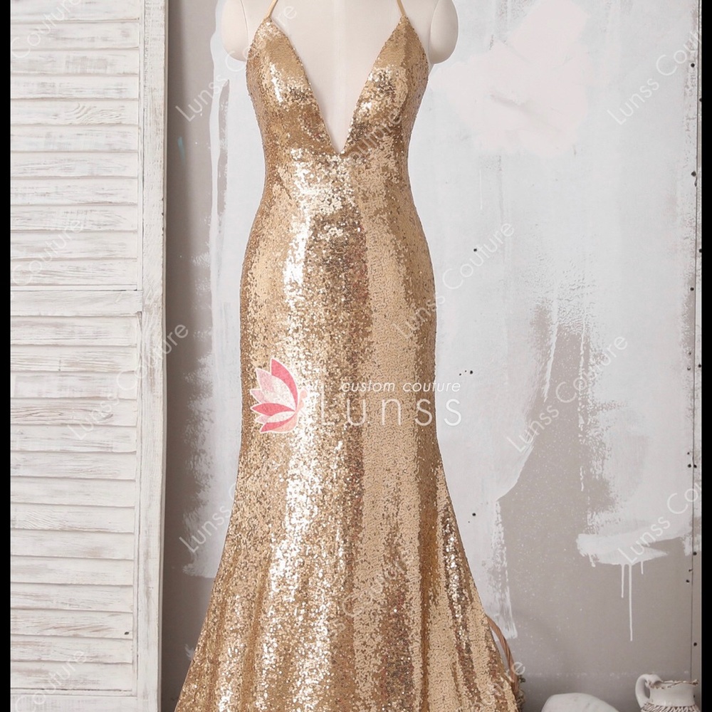 V neck gold sequin long dress
